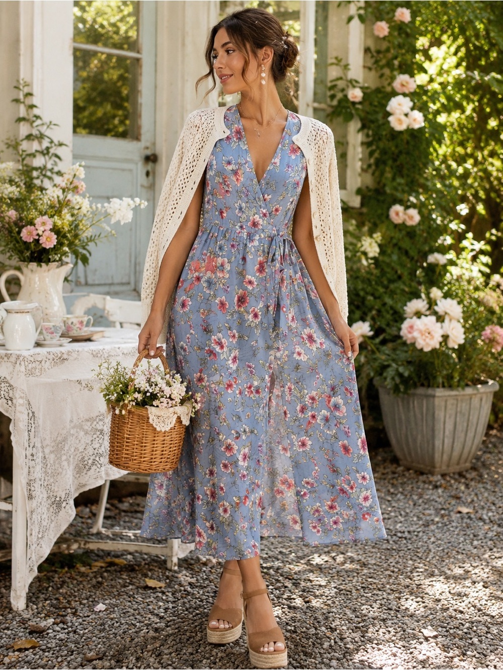 Blue Floral Wrap Midi Dress Cottagecore Garden Party French Girl Summer Dress